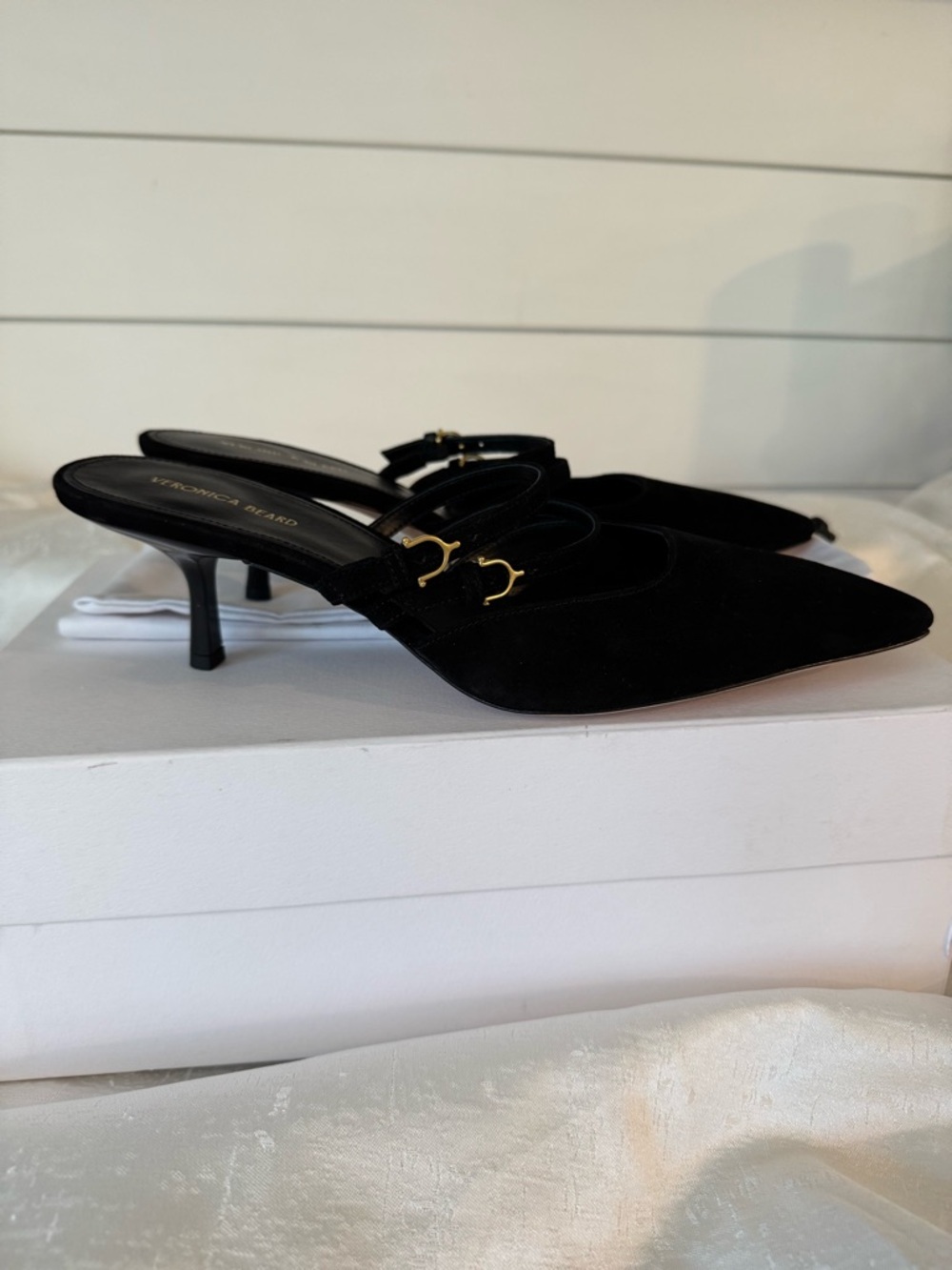 Veronica Beard Corrie Black Suede Strappy Mule Kitten Heels - Picture 6 of 15